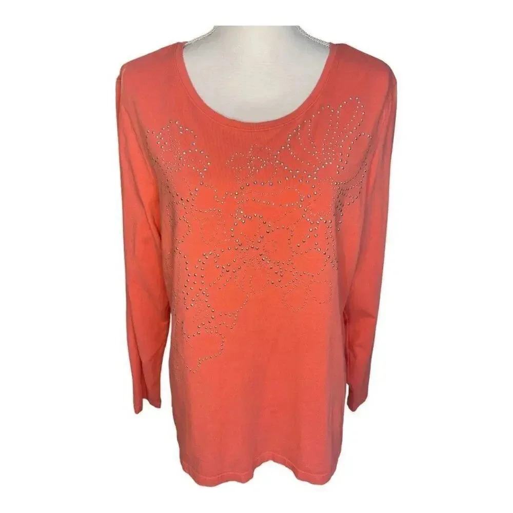 Christopher & Banks Women's Large Floral Studded Pink/Coral Long Sleeve Blouse